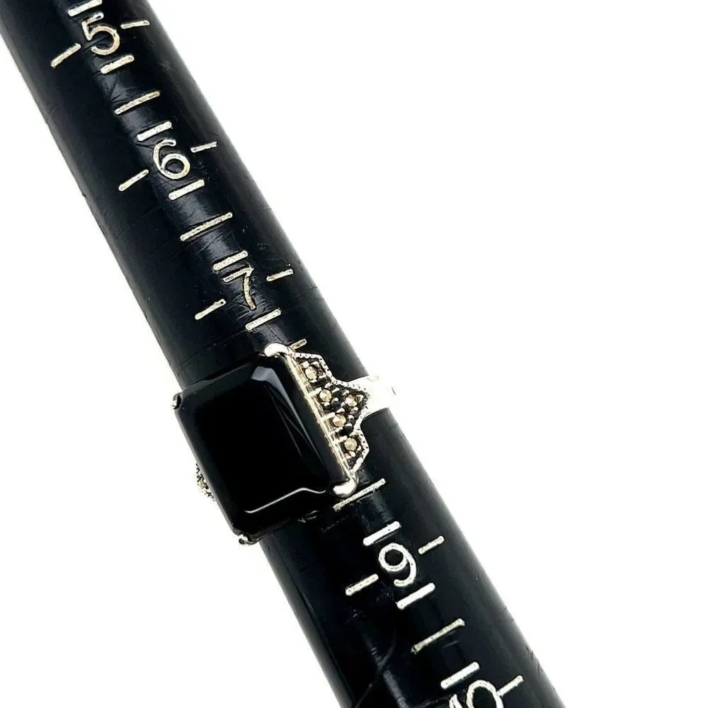 Large Rectangular Onyx/Marcasite Sterling Silver 925 Ring‎